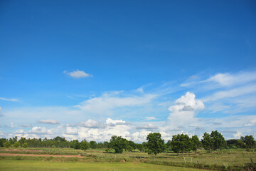Green trees and green fields contrast with the bright sky.