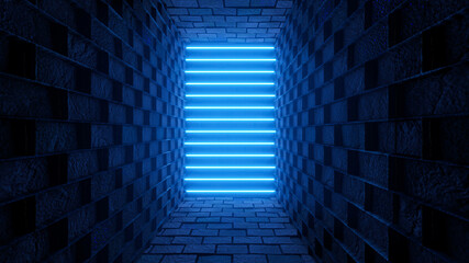 Modern Abstract Futuristic Blue Neon Door Background. Tunnel, Corridor. Empty Space For Text Or Logo - 3D Illustration