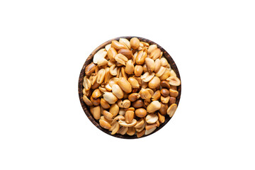 Roasted peanuts in a wooden cup on a completely white background.