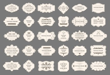 Retro frames. Vintage decorative labels with floral ornaments. Elegant luxury tag frame with text and calligraphic decor elements vector set. Royal stickers for wedding or invitation cards © Frogella.stock
