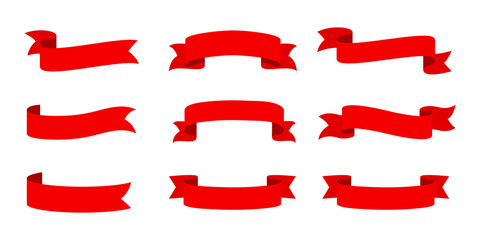 Vector red ribbon banner set. Flat red ribbon for promotion, discount label in product sales.