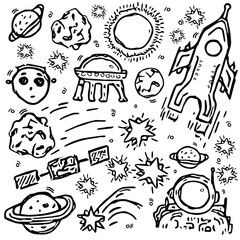 Set of icons on the theme of space. Cosmos vector. Doodle vector with cosmos icons on white background. 