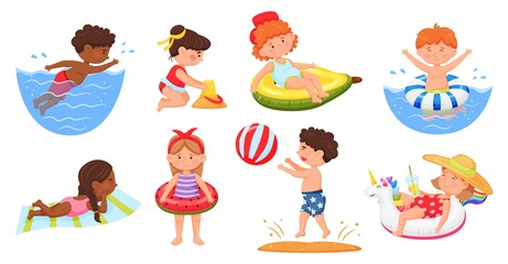 Kids on beach. Boys and girls in swimsuits swimming in sea, building sandcastle. Cartoon joyful children enjoying summer holidays vector set. Child playing with ball, floating on ring, sunbathing