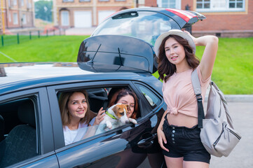 Three girl friends are traveling in a car with a dog. Two women are sitting in the back seat with a Jack Russell Terrier and looking out of the window, and the third is standing nearby and loads