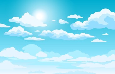 Blue sky with clouds. Anime style background with shining sun and white fluffy clouds. Sunny day sky scene cartoon vector illustration. Heavens with bright weather, summer season outdoor © Frogella.stock