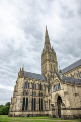Fototapeta na wymiar view of the spire of Salisbury Cathedral on a stormy summer day