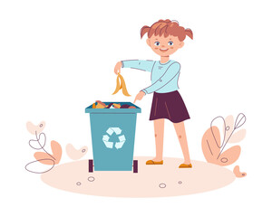 Little girl throws trash into the trash can. Garbage recycling nature cleaning concept. Vector illustration in flat cartoon style. Isolated on a white background.