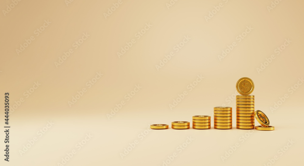 Poster us dollar realistic coins stacking and falling for increasing on yellow background with copy space ,