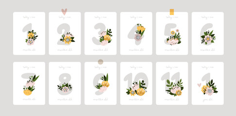 Baby milestone cards with flowers and numbers for newborn girl or boy. Baby shower print. First 11 months and 1 year. Baby month anniversary card. Nursery print capturing all the special moments