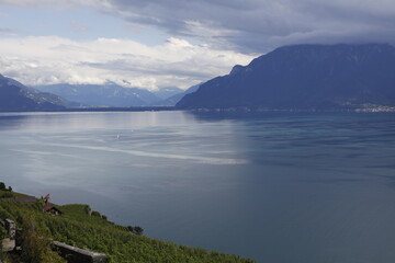 Vue panoramique du côté est du lac Léman en Suisse