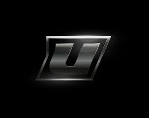 Carbon speed Letter U logo, dark matte metal carbon texture. Drive dynamic steel letter, turbo bold italic chrome logotype for automotive industrial, gym, sport. Vector monogram, emblem