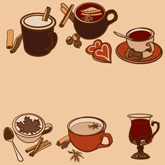 Collection of different modern cups  For coffee, tea, , different shapes cappuccino, americano,, espresso, mocha, latte, cocoa, milk, with ice, spoon, cinnamon, cookies. Cute trendy crockery with hand