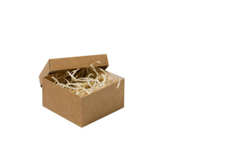 Square craft box with wood filler, isolated on white background. The concept of choosing a gift and preparing for the holiday