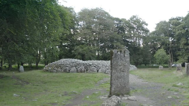 4k Drone footage of Clava Cairnes stone circles located beside Culloden Battlefield outside inverness Scotland.