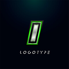 Letter I for video game logo and super hero monogram. Sport gaming emblem, bold futuristic letter with sharp angles and green outline. Tilted sharp letter type on black background