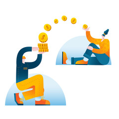 The young man transfers money to the girl. An illustration in a flat style. A metaphor on the topic of online bank transfers.