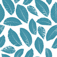 Vector seamless pattern with blue leaves on white background