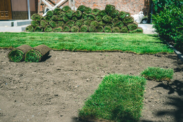 Rolls of fresh green lawn lie near the lawn on the ground. Delivery of the finished lawn rolls. A large stack of freshly grown lawn before laying on the site.