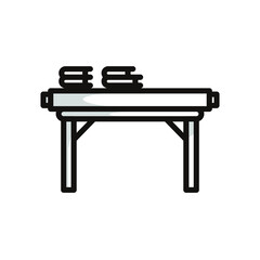 Simple symbol of a study desk, in black line art style and shadow details.