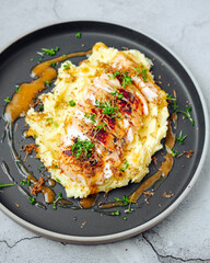 Chicken with truffles, potato puree and  wine sauce