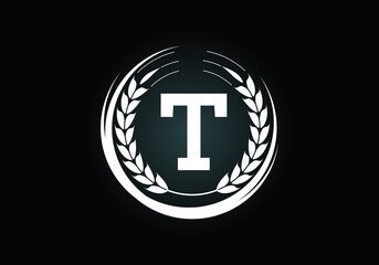 Initial letter T sign symbol with wheat ears wreath. Organic wheat farming logo design concept. Agriculture logo design vector template.