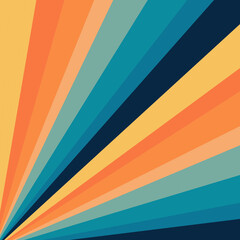 Retro style sun rays geometrical pattern illustration with yellow, orange, blue and turquoise stripes decoration