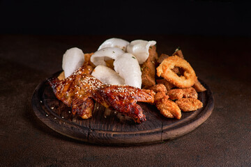 Beer Set. Prawn chip , fried squid rings, garlic bread, cheese sticks.