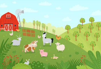 Landscape farm. Cute background with farm animals in a flat style. Illustration with pets cow, horse, pig, goose, rabbit, chicken, goat, sheep, barn at the ranch. Vector