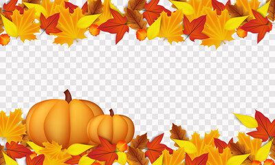 Naklejka na ściany i meble Happy Thanksgiving Day background with autumn leaves, pumpkins, corn, wheat. Hello, autumn. Vector illustration