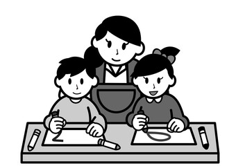 絵を描く子供たちと保育士