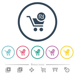 Checkout with new Shekel cart flat color icons in round outlines