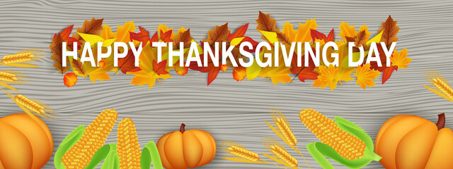 Happy Thanksgiving Day background with autumn leaves, pumpkins, corn, wheat. Hello, autumn. Vector illustration