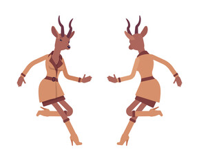 Roe deer woman, elegant gazelle lady, animal head stylish human jumping. Attractive deerlike businesswoman, antelope wearing office outfit. Vector flat style cartoon illustration, front and rear view