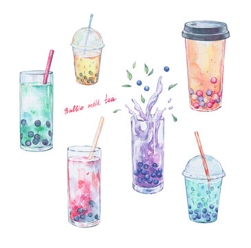 set of colorful bubble milk tea