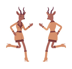 Naklejka na ściany i meble Roe deer woman, elegant gazelle lady, animal head stylish human running. Attractive deerlike businesswoman, antelope wearing office outfit. Vector flat style cartoon illustration, front and rear view