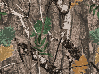Forest camouflage. Heavy posterize effect. Seamless pattern. Trees, branches, green and brown oak leaves. Useable for hunting and military purposes.