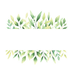 Fototapeta na wymiar Watercolor greenery floral frame with hand_painted leaves isolated on white background. Perfect for wedding invitations, greeting cards, posters, templates. 