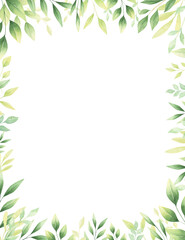 Fototapeta na wymiar Watercolor greenery floral frame with hand_painted leaves isolated on white background. Perfect for wedding invitations, greeting cards, posters, templates. 
