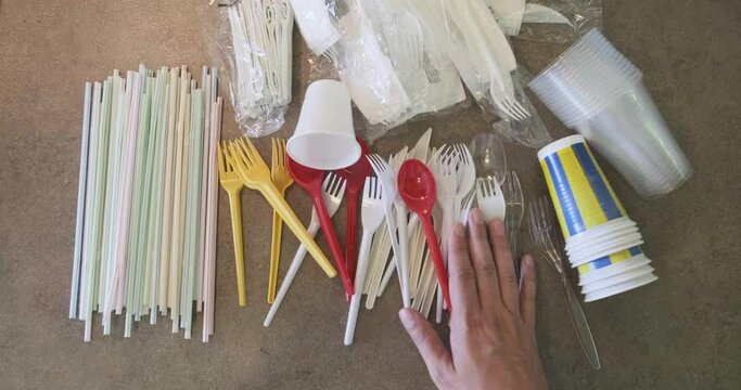 Some single use plastic items banned in the European Union: straws, cutlery, cups, stirrers.