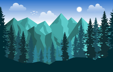 Mountain Peak Pine Fir Trees Nature Landscape Adventure Illustration