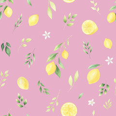 Watercolor lemon citrus leaves seamless pattern. Hand-painted lemons background with greenery for textile, covers, fabric. 