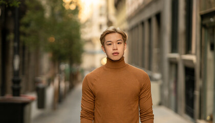 Stylish Asian man standing in street