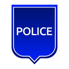 A rectangular blue shield with the inscription Police with rounded lower corners