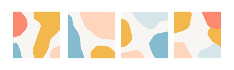 Set of abstract vector backgrounds. Pink, blue, yellow, red, white colors. Abstraction with geometric shapes, lines and dots. Organic shapes. Perfect for instagram posts, cards, posters.