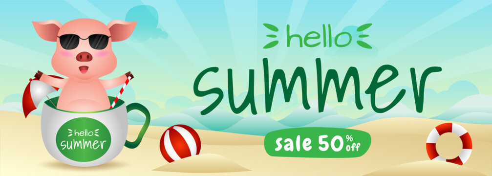 summer sale banner with a cute pig in the cup