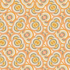 1970s style rainbow seamless vector pattern background. Backdrop with mosaic style oval pairs of rainbows in duotone orange blue. Fun overlapping texture repeat in boho hippie style for summer concept