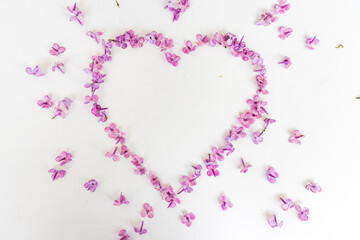 Heart of spring flowers of lilac on a white background. Love symbol for Valentine's Day. Mother's Day. Spring, women's day. Particles of art.