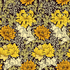 Floral seamless pattern with big golden flowers and foliage on dark background. Vector illustration. - 444044692