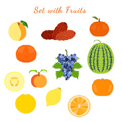 Set with different fruits, whole and halved