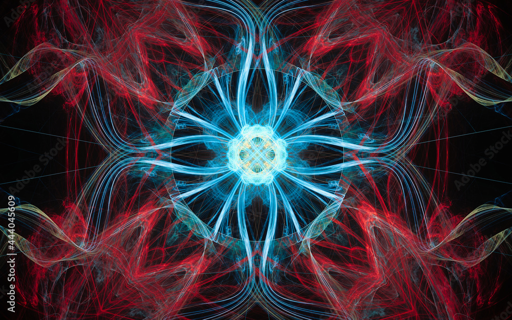 Fototapete abstract illustration of a computer generated fantastic flower of various shapes and shades on a black background for use in symbology, signs for digital design and graphics